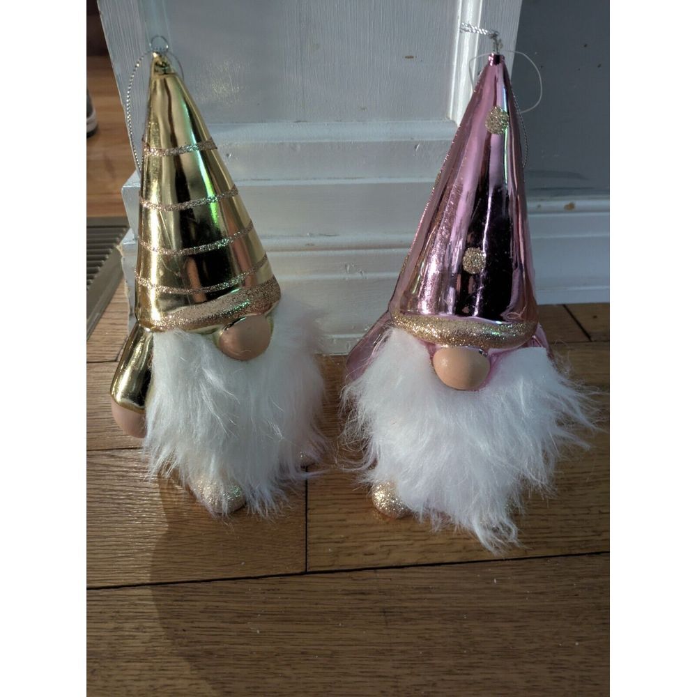 8" tall 1 gold and 1 pink plastic white beard gnome Christmas ornament troll elf